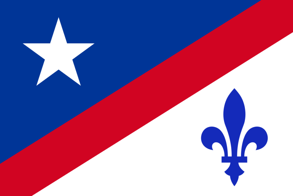 Franco-American flag with a blue and white background with a red stripe positioned diagonally in between. From left to right: a white star on the blue, then the red stripe, then a blue fleur-de-lys on the white.  