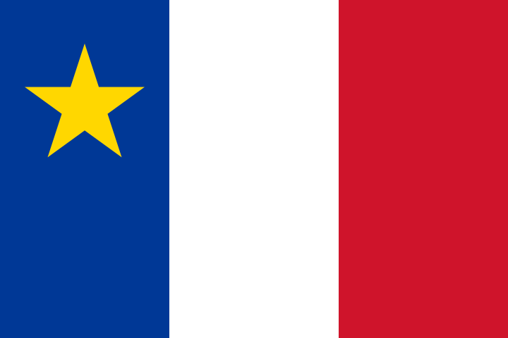 Acadian flag with the blue, white, and red tricolor with a yellow five-pointed star on the blue.