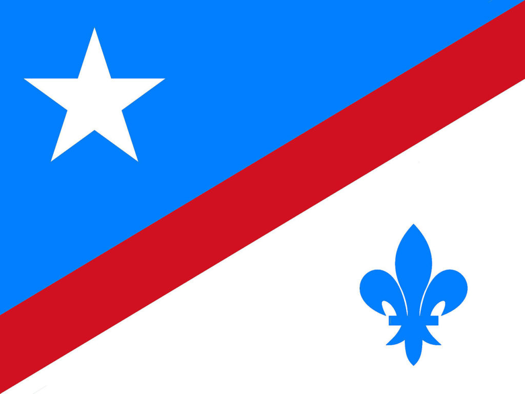 Franco-American flag with a blue and white background separated by a diagonal red stripe. A white star is on the blue and a blue fleur-de-lys is on the white.