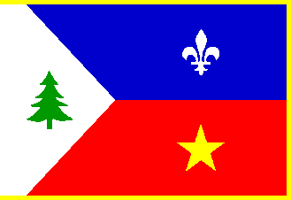 St John Valley flag with a white sideways triangle with a solid green pine tree outline, the top half of the flag is blue with a white fleur-de-lys, and the bottom half is red with a yellow star.