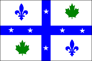 St John the Baptist Union flag with a white background, blue stripes running horizontally and vertically with six white stars within the two blue stripes. The white background has two blue fleur-de-lys and two solid green outlines of maple leaves.
