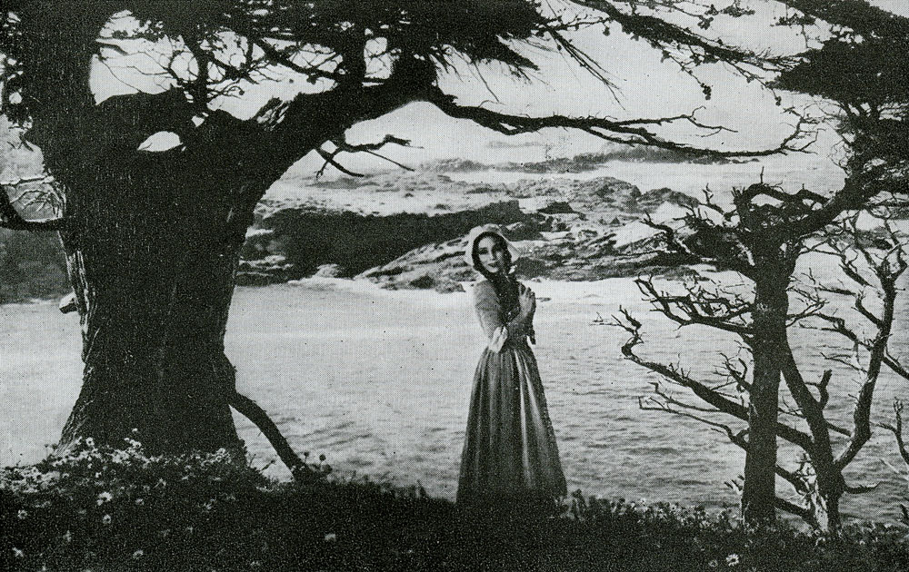 A young woman standing in a field by a large dark tree and a beautiful landscape of hills behind her.