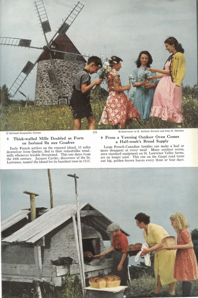 Top image: A boy and three girls picking flowers. Bottom image: a boy, a woman, and a girl making bread with an outdoor oven.