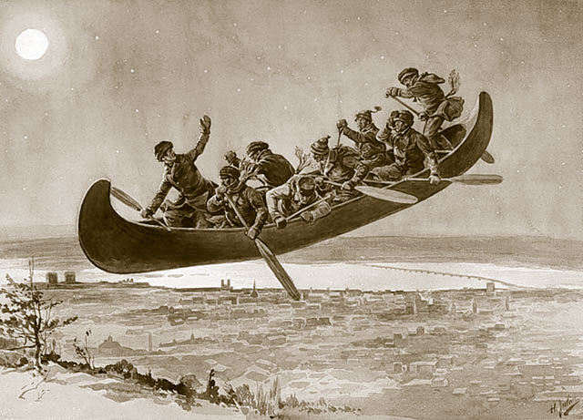 A canoe flying in the air